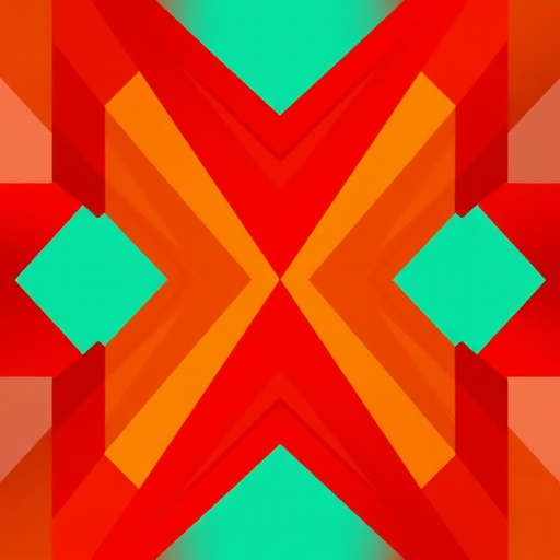 create a vibrant abstract geometric design with converging lines in warm colors of red, orange, and teal, using a Canon EOS R5, 24mm f/1.4 lens, ISO 100, aperture f/8, and a top-down view to enhance symmetry and depth.