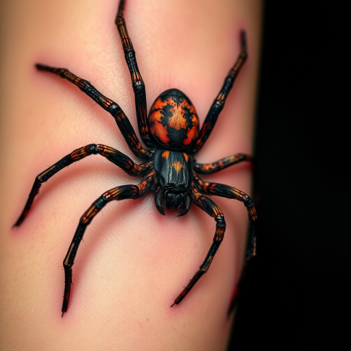 Hyper-realistic 3D spider tattoo creating the illusion of an arachnid crawling on the skin, with meticulous attention to detail in texture, shadows, and highlights for a startling trompe l'oeil effect