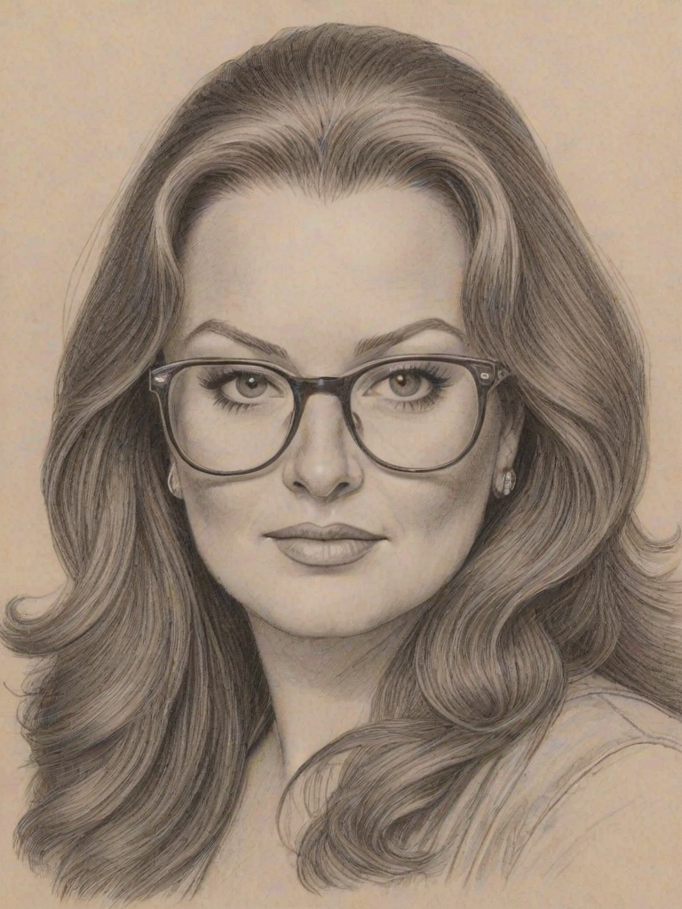 Beauteous Wynonna Judd, pencil sketch, portrait of Enchanting woman 1946s in glasses, hair style beatnik, outline, clear lines, fine lines, 8k