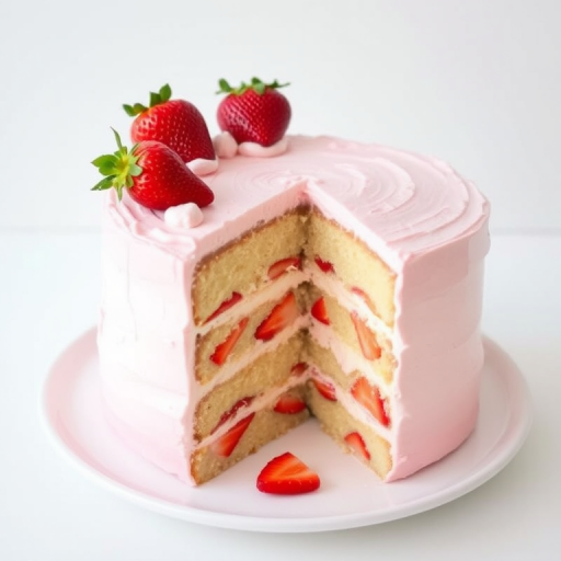 A beautifully decorated layered cake with fresh strawberries on top and a creamy pink frosting, showcasing a slice removed to reveal the fluffy interior filled with strawberry pieces, set on a white plate against a light background.