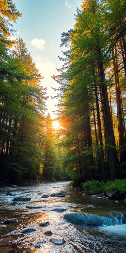 Create an image of a serene, sunlit forest scene with a clear, gently flowing river. Tall trees with lush green foliage line both sides of the river, their leaves bathed in the warm golden light of the setting or rising sun. The sunlight filters through the trees, casting soft, dappled light on the river, which flows over smooth rocks and pebbles, creating a peaceful, natural atmosphere. The sky is bright with a few scattered clouds, and the overall mood is tranquil, evoking a deep sense of connection with nature. The image captures the beauty of a calm, pristine forest landscape at either dawn or dusk.