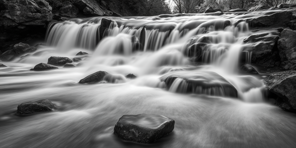 capture a dramatic long exposure image of a waterfall cascading over rocks with flowing water in black and white, use a Canon EOS R5 with a 24-70mm f/2.8 lens, aperture set to f/8, shutter speed 1 second, ISO 100, using a ND filter for smooth water effect, shot at a low angle to emphasize the foreground, in natural light during sunrise for soft shadows.
