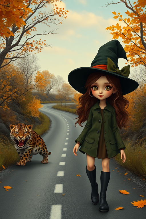 digital art fantasy depicting a strange girl with brown hair, long eyelashes, Yellow lipstick and a tall hat walking along a winding road on an autumn afternoon, an Jaguar smiles as she passes
