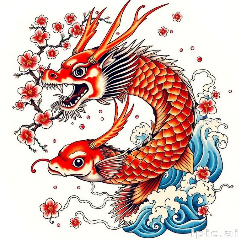 Japanese-inspired tattoo called "Koi Ascension" depicting a large, colorful koi fish transforming into a fierce dragon as it swims upstream, surrounded by cherry blossoms and traditional wave patterns, utilizing bold colors and flowing lines to create a sense of movement and transformation