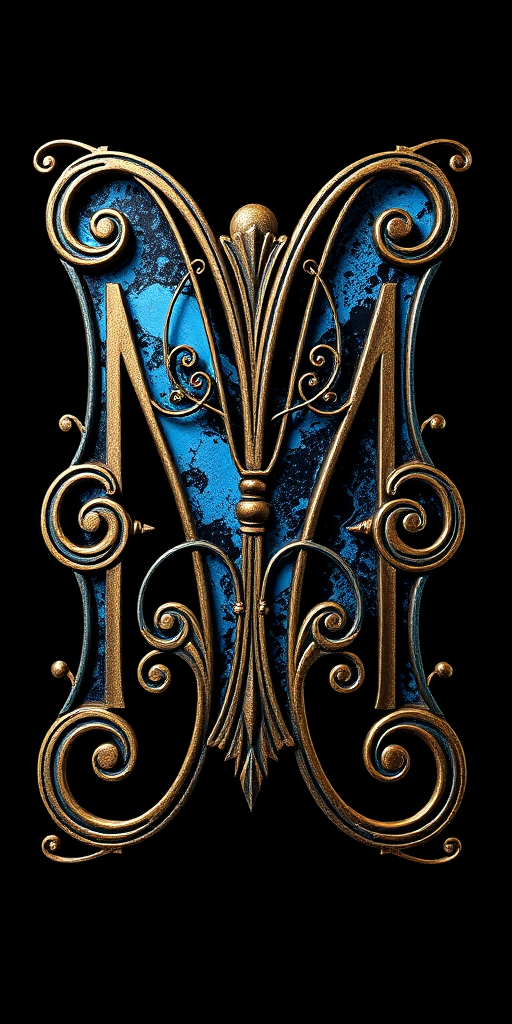 Create a high-resolution image of an ornate letter "M" with intricate swirling designs and a cosmic blue and black texture, shot with a DSLR camera at f/1.8, 50mm lens, ISO 100, using soft diffused lighting for enhanced details on a black background.