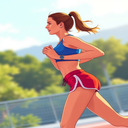 Create a high-quality illustration of a woman jogging, side view, wearing a blue crop top and red shorts, dynamic pose, use a soft focus lens effect, standard focal length of 35mm, with a bright and vivid color palette, in a digital art style.