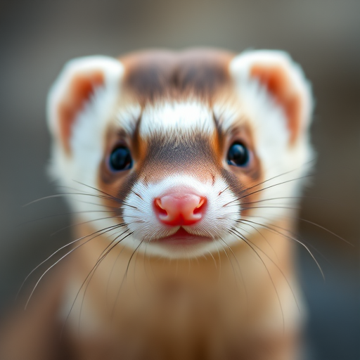 Close-up portrait of a ferret with soft focus background, natural lighting, ISO 200, f/2.8 aperture, 85mm lens, shallow depth of field, DSLR camera, high detail.