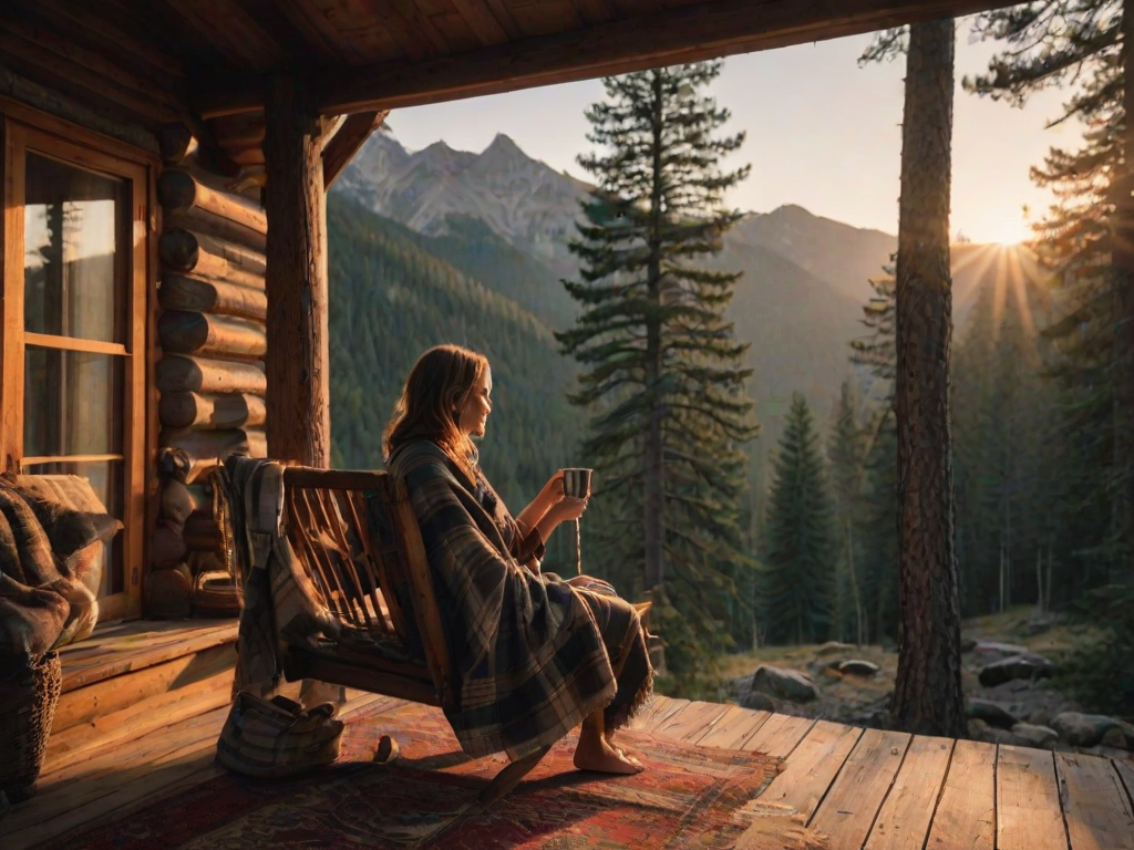 Secluded mountain cabin, surrounded by tall pine trees, a woman sits on the porch swing, wrapped in a blanket, sipping from a steaming mug as the sun sets behind the mountains.