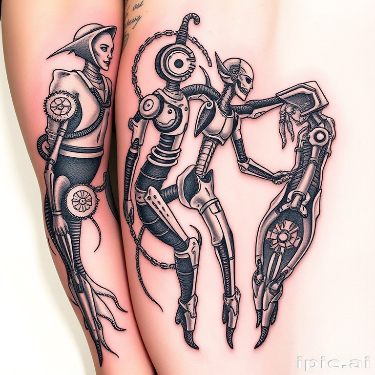 Biomechanical tattoo called "Cybernetic Evolution" blending organic forms with mechanical elements to create the illusion of exposed robotic parts beneath the skin, perfect for sleeve or leg designs
