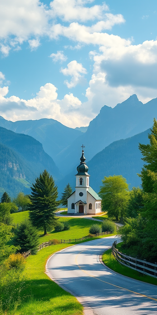 generate a high-resolution landscape image of a charming church on a winding road surrounded by lush greenery and majestic mountains in the background, captured with a Canon EOS R5 at f/8, 1/250 sec, ISO 100, using a wide-angle lens from a slightly elevated perspective to enhance depth and clarity