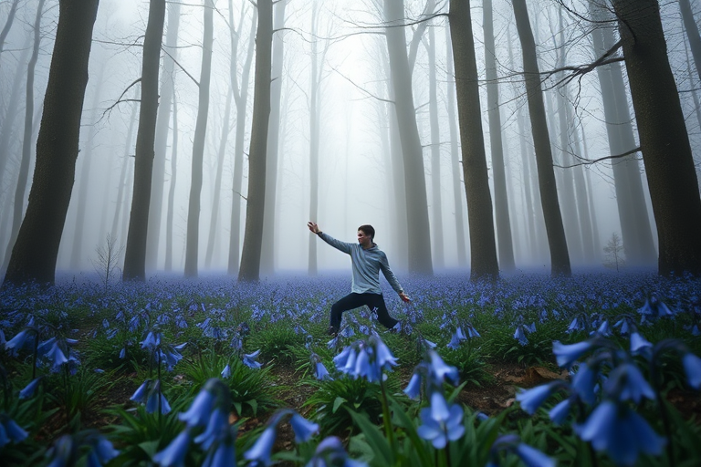 Generate a mystical forest scene featuring a person in a striking pose surrounded by vibrant bluebells, captured with a Canon EOS R5 at 50mm, f/1.8, ISO 200, with a shallow depth of field and soft focus effect for enhanced image quality, using a portrait orientation to emphasize the subject against the ethereal fog and towering trees in the background.