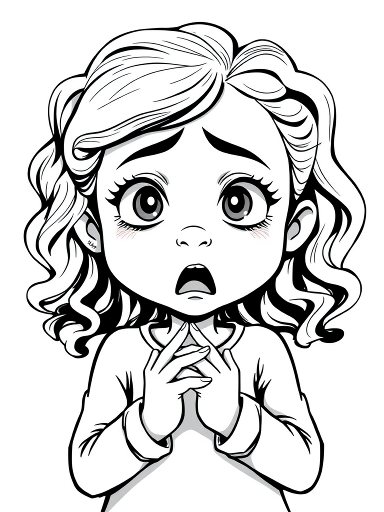 The image is a black and white illustration of a young girl with curly hair. She has a surprised expression on her face with her mouth open and her hands clasped together in front of her chest. Her eyes are wide and her eyebrows are furrowed. Her hair is styled in loose curls that are cascading down her back. The overall mood of the image is one of shock or surprise.