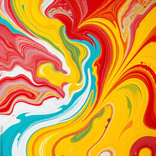 Create an abstract painting with swirling colors of red, yellow, turquoise, and white, evoking a sense of motion and energy, using a DSLR camera, 50mm lens, f/1.8 aperture, ISO 100, and natural lighting to enhance texture and vibrancy.