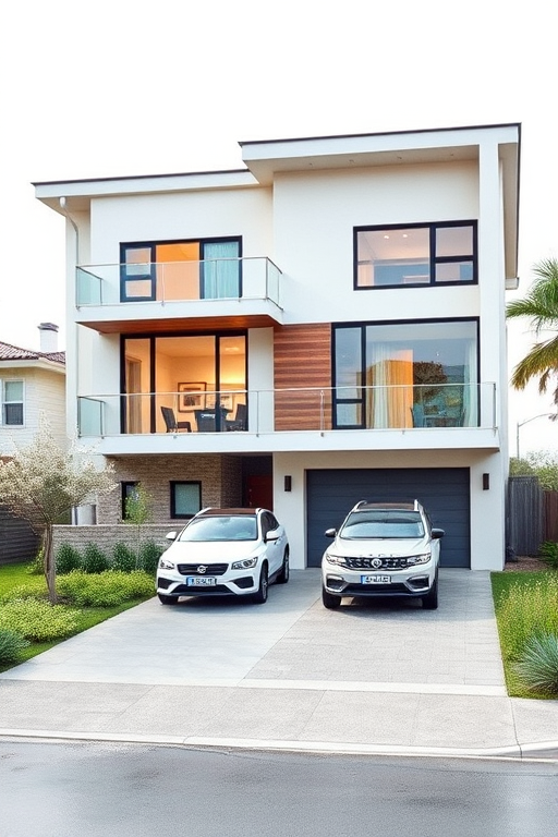 high-quality architectural rendering of a modern house with two cars in the driveway, soft natural lighting, shot with a DSLR camera at f/8 aperture, ISO 100, 24mm focal length, using a wide-angle lens for an expansive view, watercolor effect applied for artistic enhancement