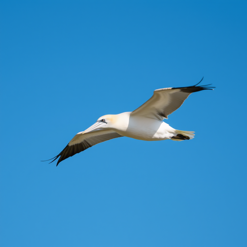 A gannet in mid-flight against a clear blue sky, captured with a Canon EOS 7D, 400mm lens, aperture f/5.6, shutter speed 1/2000s, ISO 400, taken from a distance of 20 meters, in natural light.