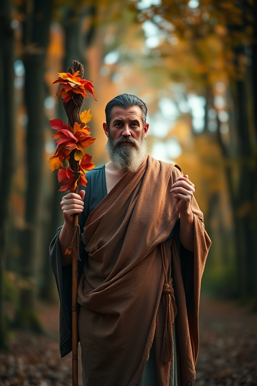 Regenerate the image of a man in a classical toga holding a staff adorned with leaves, standing in a forest with autumn colors, captured with a Canon EOS R5, 50mm lens, f/1.8 aperture, ISO 100, utilizing a sunlight filter for soft lighting and a shallow depth of field.