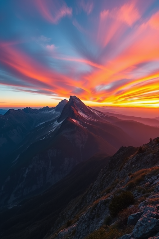 Create a high-resolution image of a serene mountain landscape during sunrise with vibrant colors, using a DSLR camera, 50mm lens, f/1.8 aperture, ISO 100, and a shutter speed of 1/250s, shot from a wide-angle view to capture the panoramic scene.