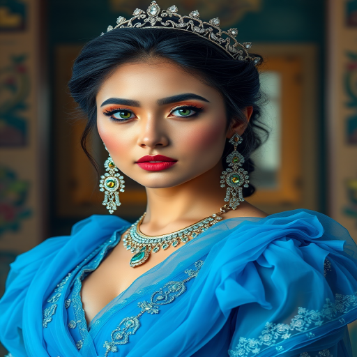 A gorgeous Bhutanese woman in a luxurious blue gown, accessorized with a dazzling tiara and statement earrings, her deep green eyes highlighted by impeccable makeup, poised in a royal setting, photorealistic, 8K quality