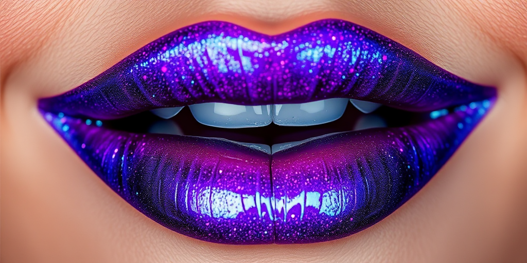 Dramatic "Galactic Nova" lip design showcases a deep space-inspired palette of purples, blues, and silvers with a high-shine, holographic finish that's out of this world