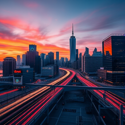 Generate an image of a sleek, modern city skyline at sunset with vibrant colors, using a DSLR camera with a 24mm lens, f/8 aperture, ISO 100, and a long exposure to capture light trails.