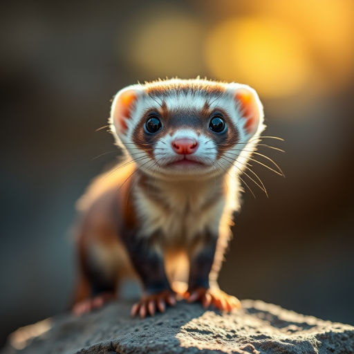 a cute ferret with large expressive eyes standing on a rock, soft bokeh background, natural sunlight illuminating the fur, 85mm lens, f/1.8 aperture, ISO 200, shutter speed 1/200s, DSLR camera, shallow depth of field, high-resolution image