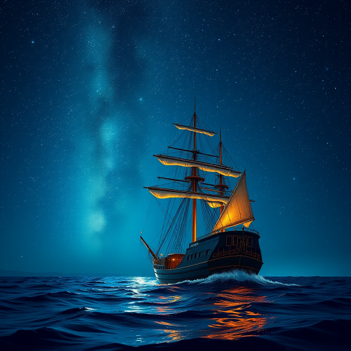 Create a high-resolution digital illustration of a tall ship sailing through a starry night sky, utilizing a Canon EOS R5 camera with a 50mm lens, f/1.8 aperture, ISO 100, and long exposure to capture vibrant colors and fine details.