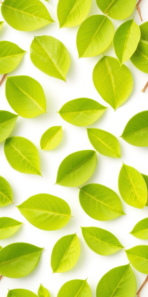 regenerate a seamless pattern of soft green leaves on a white background with vibrant colors and smooth gradients, DSLR camera settings f/5.6, 1/250s, ISO 100, top-down view, macro style, digital photography