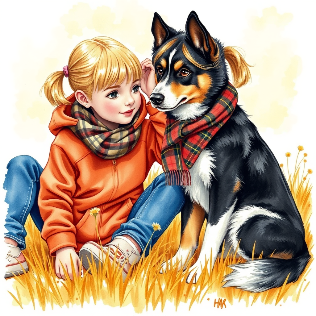A detailed watercolor and acrylic illustration showing a heartwarming scene between a young blonde girl in pigtails and a Bearnaise Mountain dog. The girl, dressed in a rust hoodie, jeans, and a plaid scarf, gently rests her hand on the dog’s head. The dog, with black, copper, and white fur, sits beside her, tilting its head in affection. They sit on golden grass with wildflowers, against a sunny fall background. The artwork focuses on realistic textures and the tender bond between them.