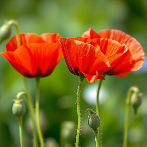 Create a vibrant watercolor painting of three blooming red poppies with delicate green stems and buds, using a Canon EOS R5 camera with a 50mm f/1.2 lens, in natural light at f/8 for sharp details, focus on the flowers with a soft bokeh background, emphasizing rich colors and textures.