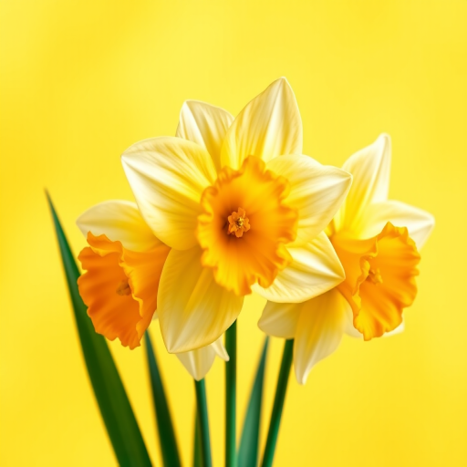 Create a vibrant illustration of three daffodils in a minimalist style with a soft yellow background, focusing on vivid colors and intricate details, captured with a DSLR camera, 50mm lens, f/2.8 aperture, ISO 100, natural light, and slightly blurred background for depth.