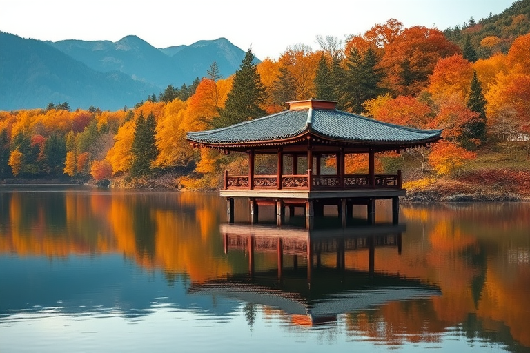 Create a serene landscape image of a traditional wooden pavilion on a still lake surrounded by vibrant autumn foliage with mountains in the background, using a Canon EOS R5, 50mm lens, aperture f/8, ISO 100, and a shallow depth of field for optimal clarity and color saturation.