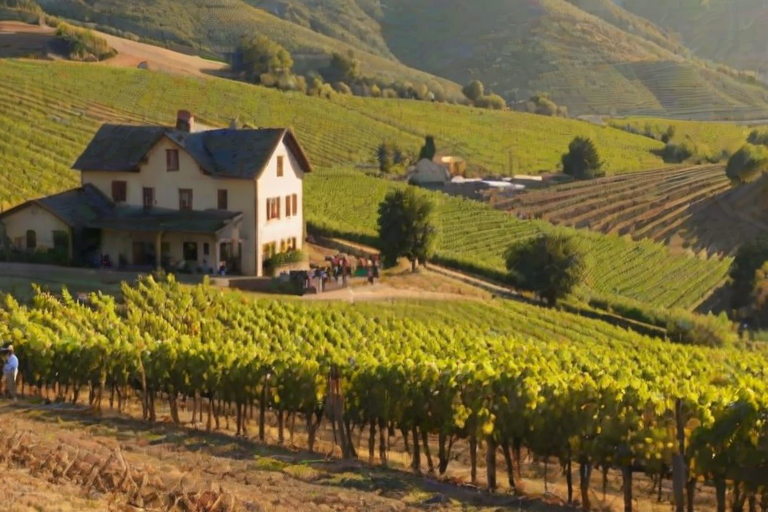 Scenic vineyard during the harvest season, with workers picking grapes under the warm sun, rows of vines stretching into the distance, and a picturesque farmhouse nestled among the hills.