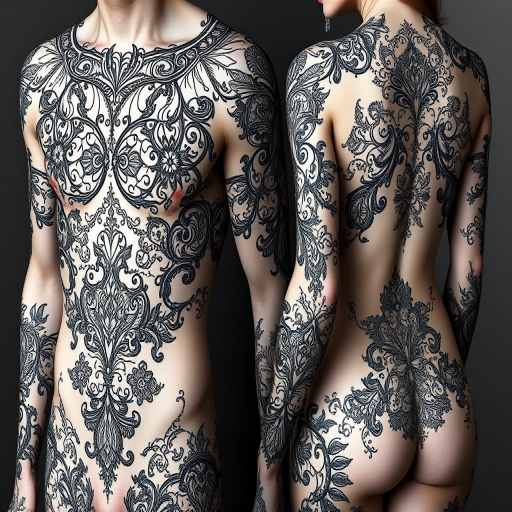Ornamental blackwork tattoo showcasing intricate lace-like patterns and delicate filigree designs, forming a stunning full-body suit with strategically placed negative space