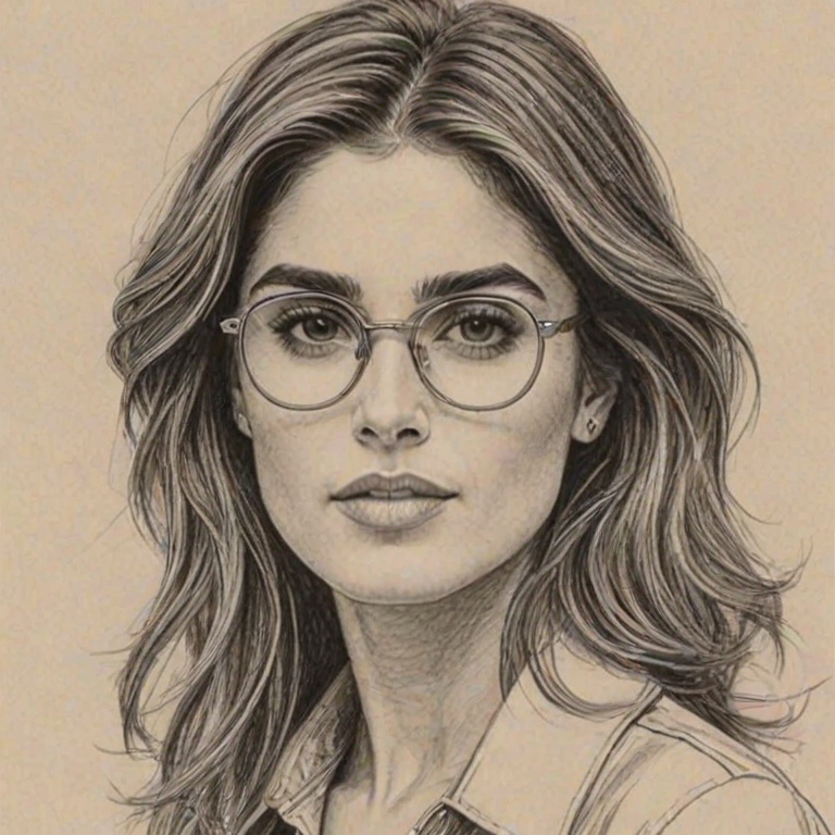 Alluring Nikki Reed, pencil sketch, portrait of Splendid woman 1980s in glasses, hair style beatnik, outline, clear lines, fine lines, 8k