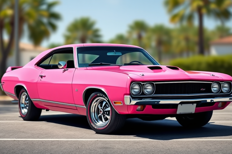 create a digital illustration of a pink classic muscle car with a sleek design, shot from a slightly elevated angle, using a DSLR camera with a 50mm lens, aperture set at f/1.8 for a shallow depth of field, ISO 100 for high image quality, and natural lighting for vibrant colors