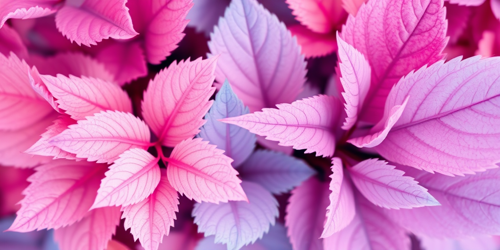 A vibrant arrangement of pastel-colored leaves in shades of pink, blue, and lavender, macro shot with a shallow depth of field, aperture f/2.8, 50mm lens, using a DSLR camera.