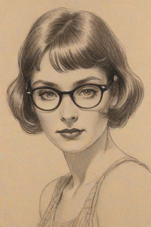 Beauteous Amie Kaufman, pencil sketch, portrait of Fetching woman 1926s in glasses, hair style beatnik, outline, clear lines, fine lines, 8k