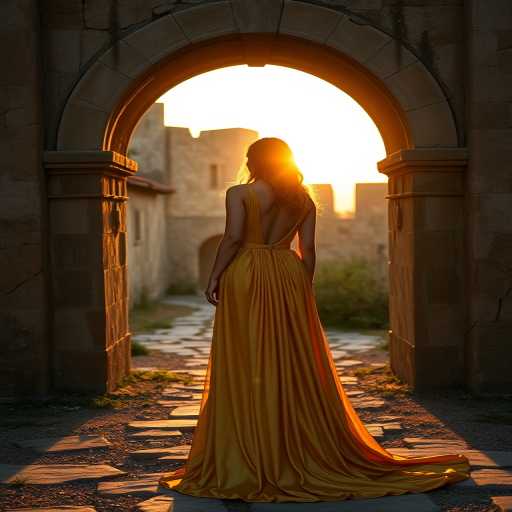 regenerate a scene of a woman in a flowing golden gown standing in a picturesque ancient archway during sunset with soft light illuminating the scene, 85mm lens, f/1.8 aperture, ISO 100, backlighted for a dreamy effect, shot with a Canon EOS R5