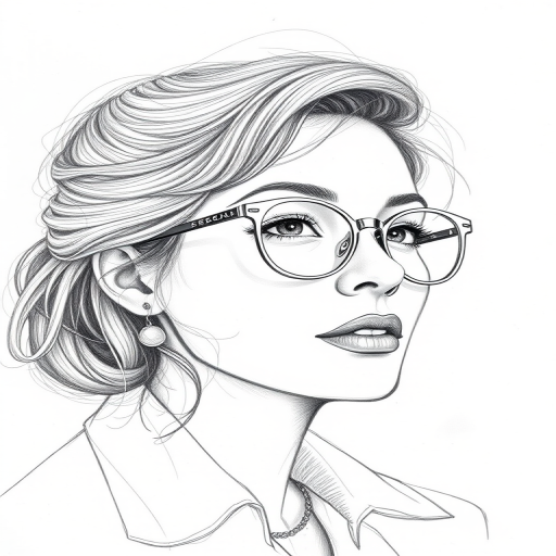 Beautiful Toni Collette, pencil sketch, portrait of beautiful woman 60s in glasses, hair style beatnik, outline, clear lines, fine lines, 8k