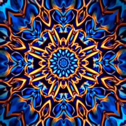 create a symmetrical blue mandala design with intricate patterns and sharp details, using a Canon EOS R5 with a 50mm lens, aperture f/8, ISO 100, shutter speed 1/200s, captured from a top-down perspective to enhance clarity and vibrancy