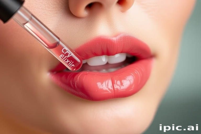 Hydrating lip oil in a soft rose quartz tint called "Crystal Elixir," infused with nourishing ingredients and a subtle fruity scent