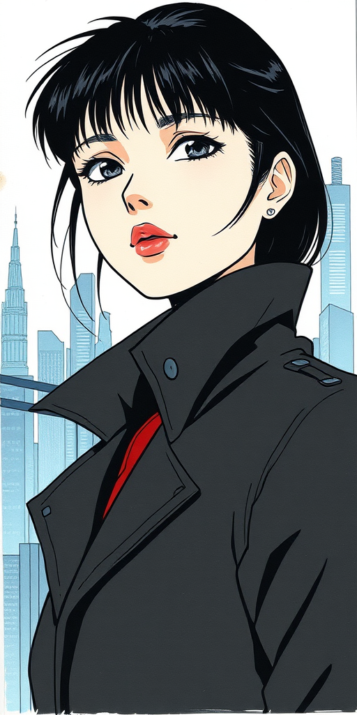 drawing of a closeup on face of woman wearing a long black trench-coat futuristic city in the background in the style of the 90s anime Akira