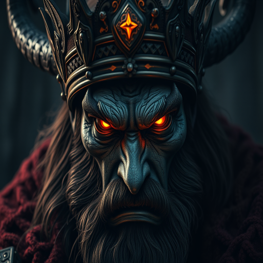 create a dark fantasy portrait of a menacing king with glowing eyes and a horned crown, dramatic lighting and rich textures, using a Canon EOS R5, 50mm lens, f/1.8 aperture, 1/100s shutter speed, ISO 200, with a low-angle view to emphasize power and intensity, focusing on vibrant colors and intricate details in a painterly style.