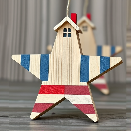 Create a high-resolution image of a wooden star with red, white, and blue stripes, featuring a small attached house at the top, using a DSLR camera with a 50mm lens, aperture f/1.8, ISO 100, in natural light, focus on intricate textures and colors.