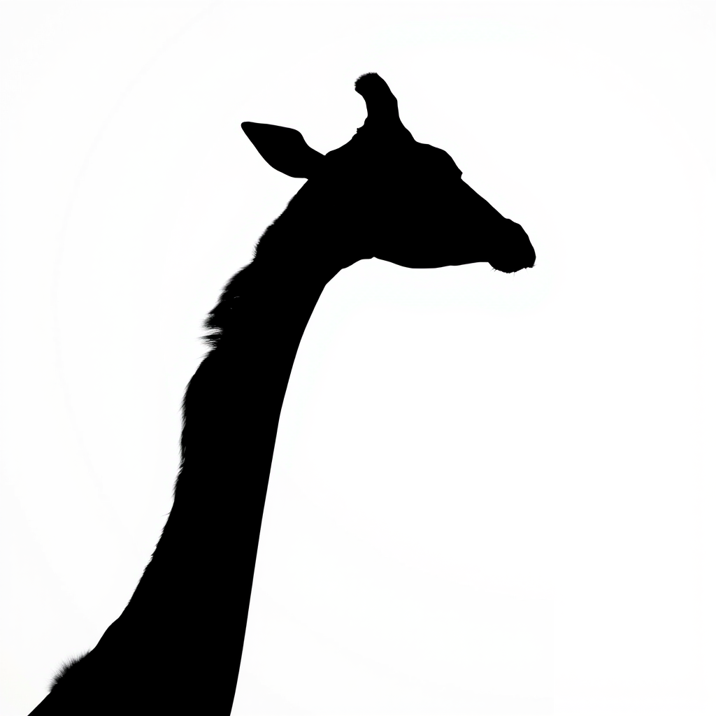 A silhouette of a giraffe in deep blue against a white background, captured with a 50mm lens, aperture f/2.8, ISO 100, soft diffused lighting, shot from a low angle to emphasize height, in a studio photography style using a digital DSLR camera.