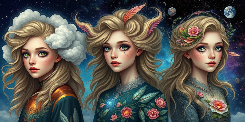 Create a series of imaginative portraits where each subject is infused with elements of fantasy and nature. The hair of the individuals should flow like clouds, varying from soft, fluffy cumulus to wispy cirrus strands, with hints of color reflecting a sunset or a clear blue sky. The eyes should be windows to entire galaxies, with stars, nebulae, and distant planets visible within them. Clothing should be adorned with nature motifs, such as floral patterns that bloom and change, vines that seem to grow and wrap around, or feathers that shimmer with iridescence. Each portrait should capture a unique personality, blending human features with the ethereal beauty of the natural and cosmic world. The backgrounds can vary, from starry night skies to enchanted forests, adding depth and context to the magical realism of the portraits