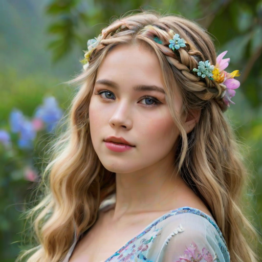 Create an image of a young Lao woman with long, wavy blonde hair, adorned with small, colorful flowers woven into her braids and loose strands. Her complexion is fair, with soft, glowing skin, and she has light blue eyes that gaze softly at the viewer. She wears a light, flowing dress with a gentle, ethereal quality, complementing her delicate and serene appearance. The background is slightly blurred, drawing focus to her tranquil expression and the intricate details of the flowers in her hair. The overall mood of the image is one of natural beauty and grace, evoking a sense of peacefulness and connection with nature.