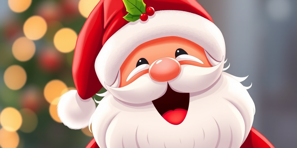 Create a high-resolution image of a cheerful cartoon Santa Claus with a red hat, white fluffy beard, and holly leaves, captured with a DSLR camera at f/2.8 aperture, ISO 100, and a 50mm lens, using soft lighting and a shallow depth of field for a vibrant and crisp look.