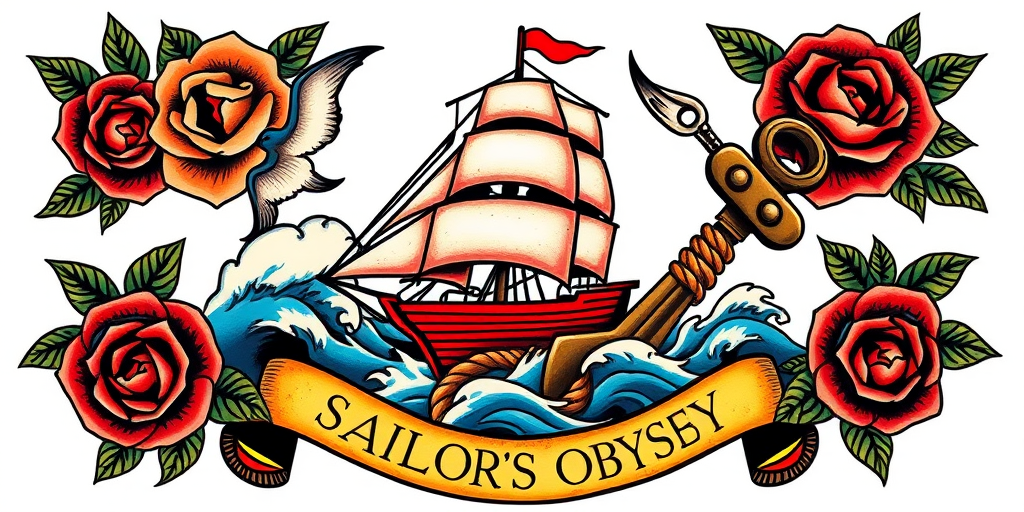 Bold traditional American tattoo named "Sailor's Odyssey" featuring vibrant primary colors and thick black outlines depicting a classic nautical scene with a ship battling stormy seas, an anchor wrapped in rope, and a swallow in flight, all framed by traditional rose and banner elements, creating a timeless and eye-catching design that pays homage to the rich history of tattoo art