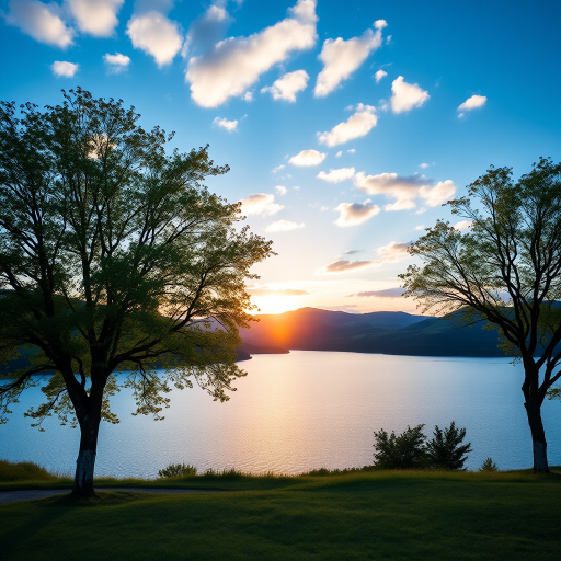Generate a vibrant landscape with two trees framing a calm lake at sunrise, with rolling green hills in the background and scattered clouds in a bright blue sky, using a DSLR camera at f/8 aperture, ISO 100, 50mm lens, in landscape mode for high detail and clarity.